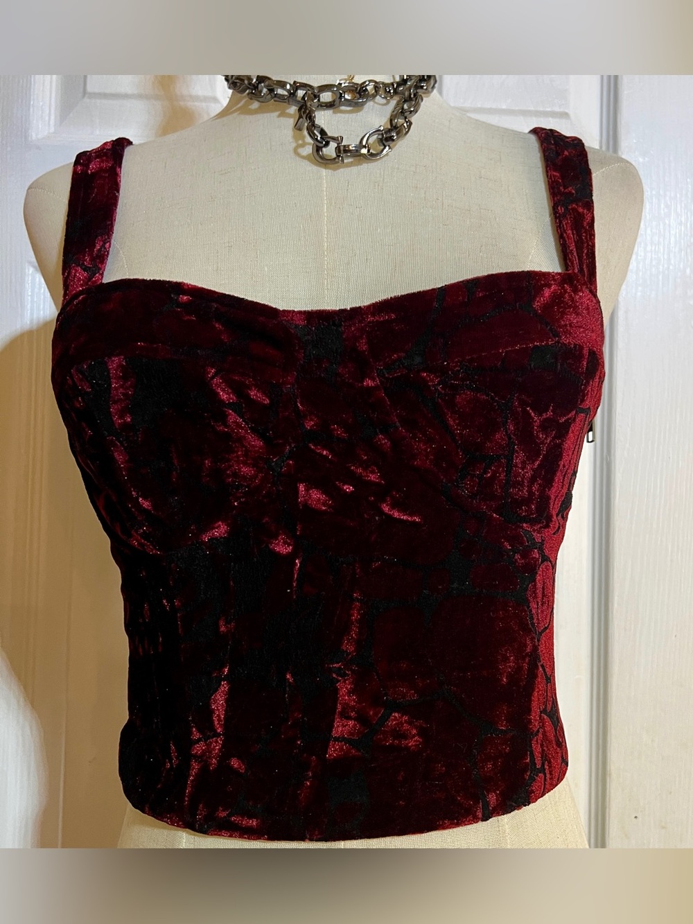 Lucca Couture Wms Burgundy Black Velvet Gothic Festival Rave Bustier Crop Top XS